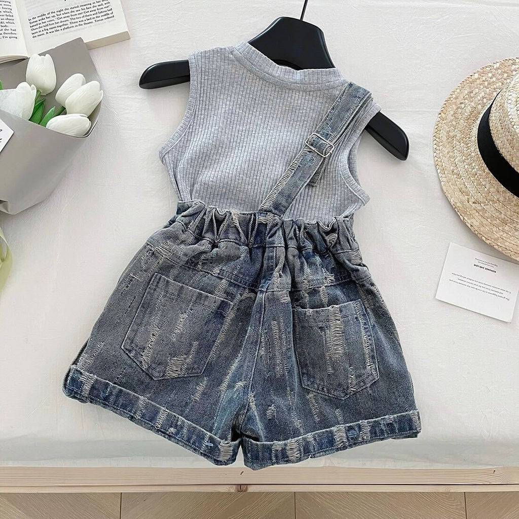 Rugged denim shorts set