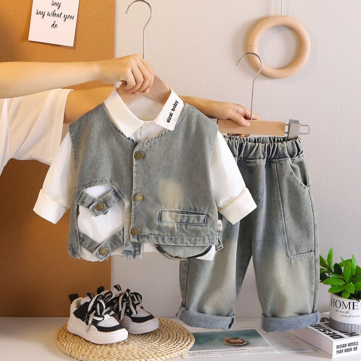 Denim vest three piece set