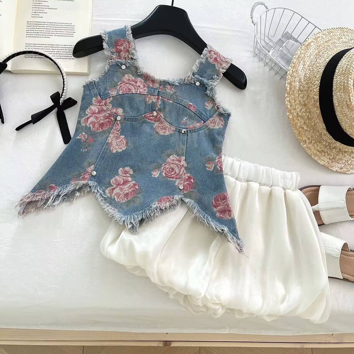 Floral denim top and balloon shorts set