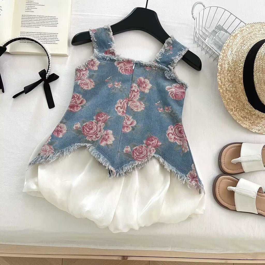 Floral denim top and balloon shorts set