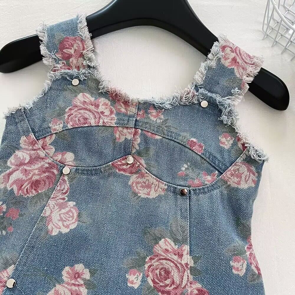 Floral denim top and balloon shorts set